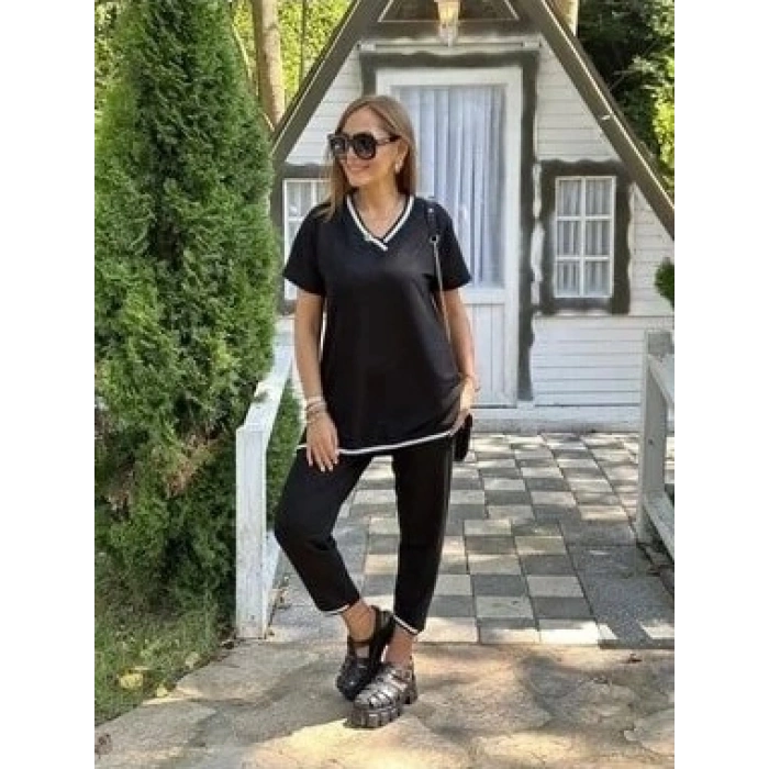 Kadın Kısa Kollu V Yakalı Iki Iplik Bluz Ve Pantolon Ikili Takım