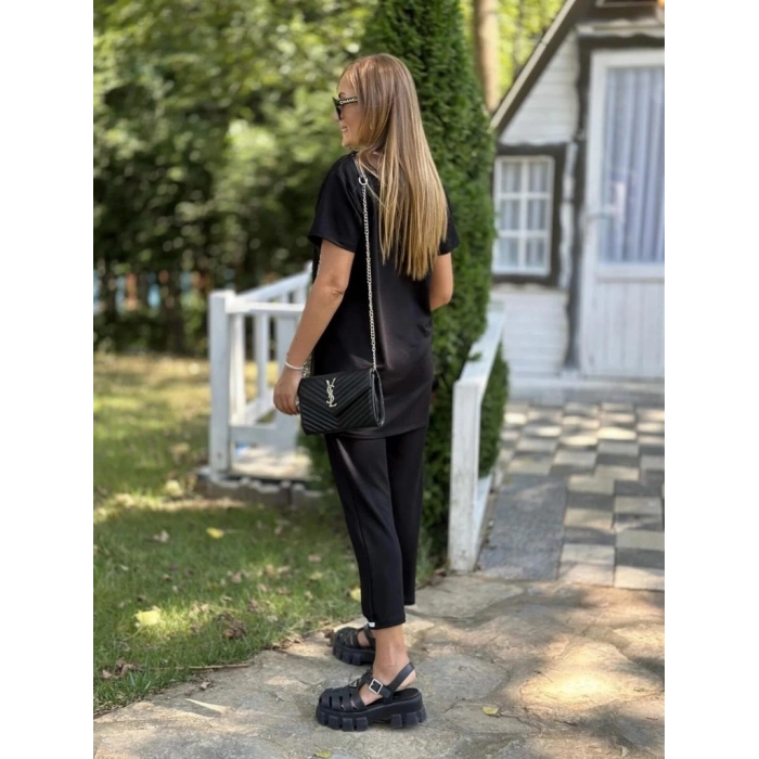 Kadın Kısa Kollu V Yakalı Iki Iplik Bluz Ve Pantolon Ikili Takım