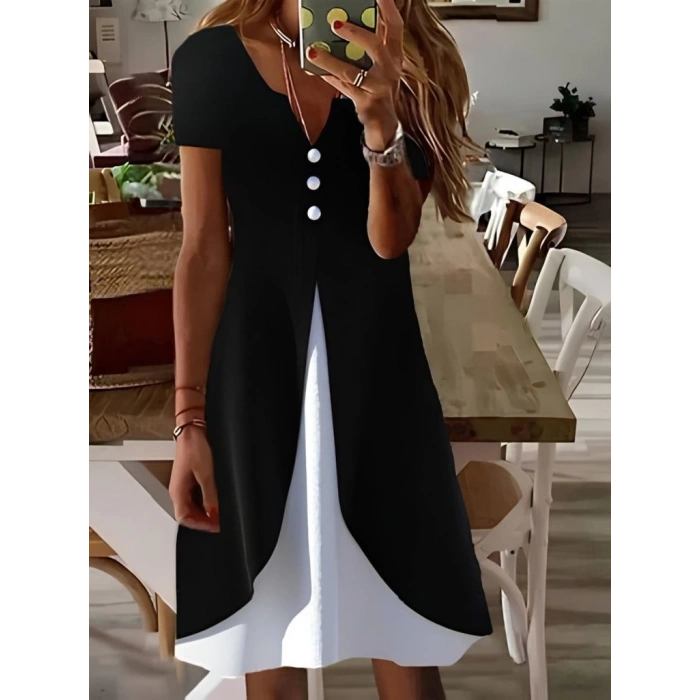 Kadın Kısa Kollu V Yakalı önden Düğmeli çift Renkli Viskon Elbise