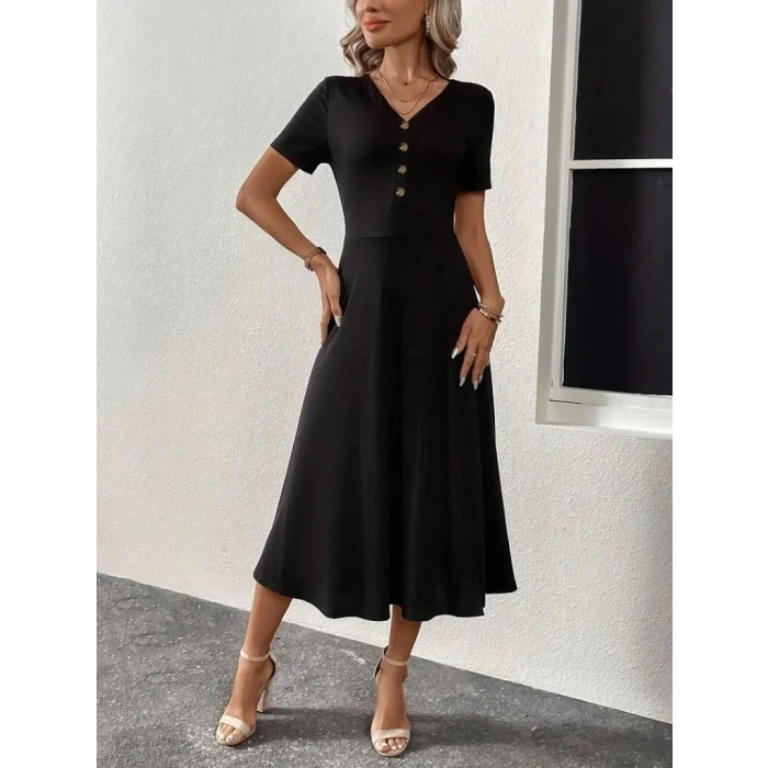 Kadın Kısa Kollu V Yakalı önden Düğmeli Yırtmaçlı Midi Viskon Elbise