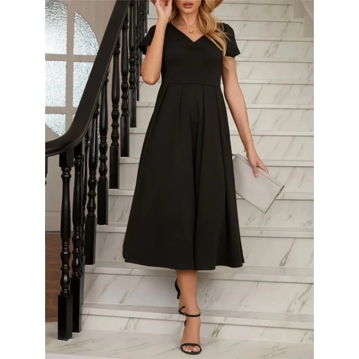 Kadın Kısa Kollu V Yakalı önden Pileli Midi Janjan Krep Elbise