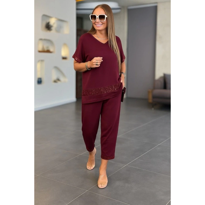 Kadın Kısa Kollu V Yakalı Pul Payetli Viskon Iki Iplik Bluz Ve Pantolon Ikili Takım