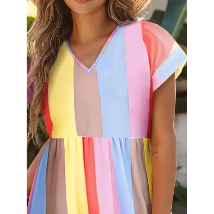 Kadın Kısa Kollu V Yakalı şerit Desenli Süprem Elbise