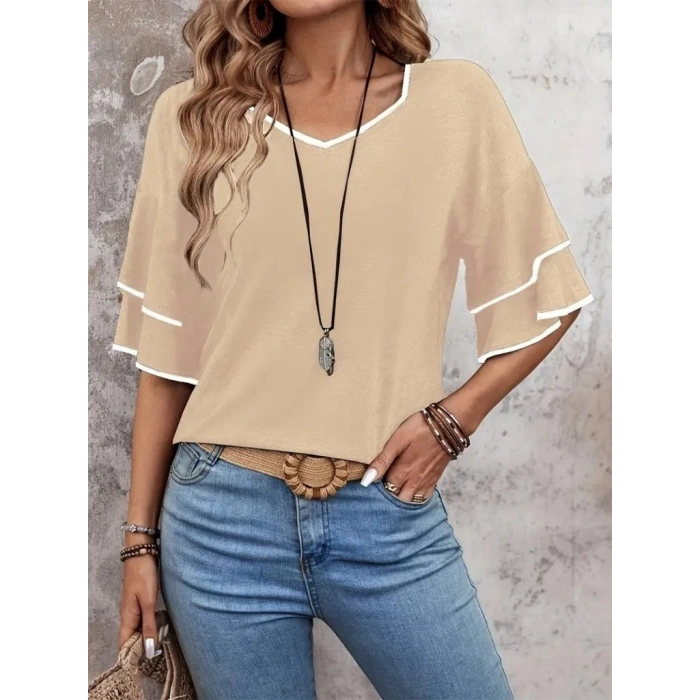 Kadın Kısa Kollu V Yakalı Viskon Bluz
