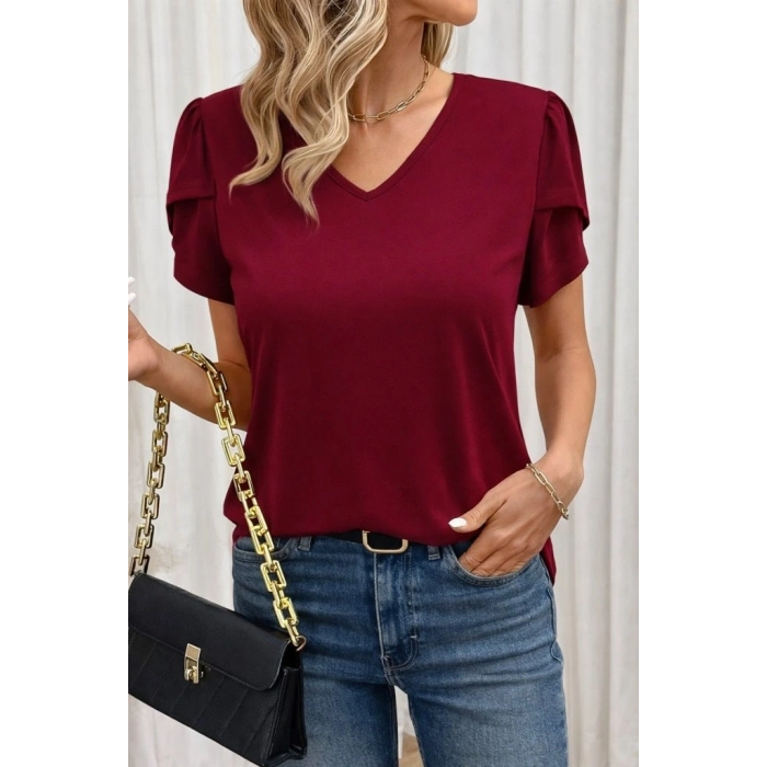 Kadın Kısa Kollu V Yakalı Viskon Bluz