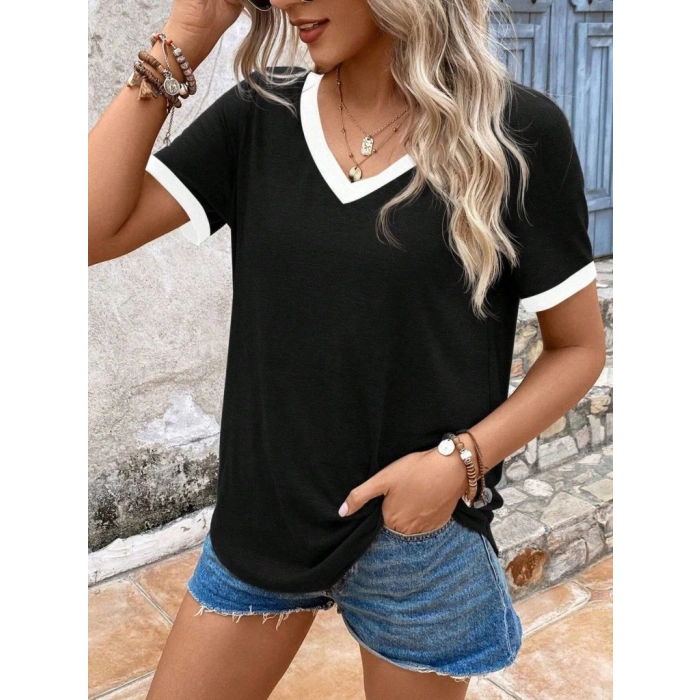 Kadın Kısa Kollu V Yakalı Viskon Bluz