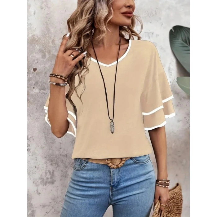 Kadın Kısa Kollu V Yakalı Viskon Bluz