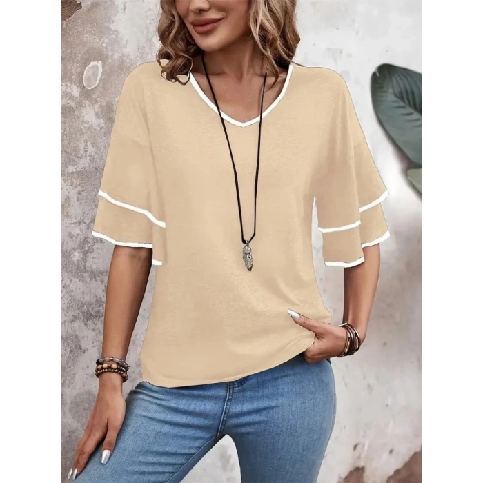 Kadın Kısa Kollu V Yakalı Viskon Bluz