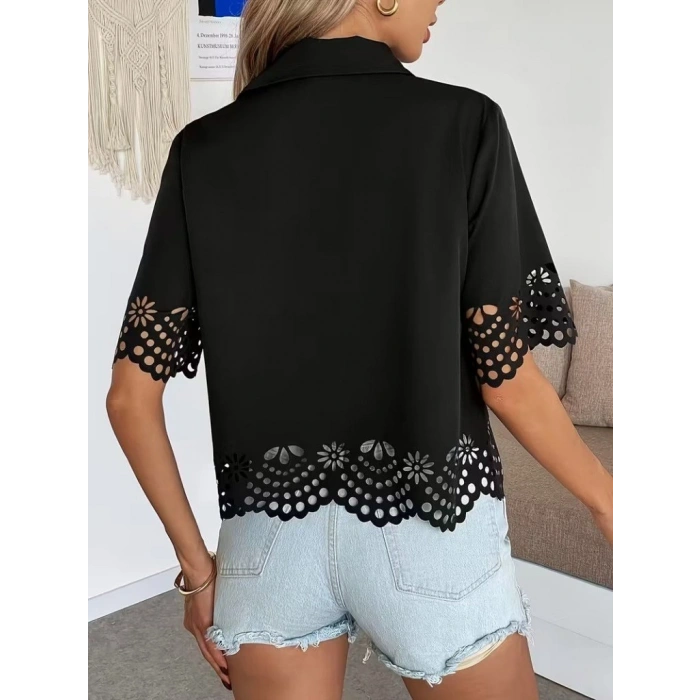 Kadın Kısa Kollu Yakalı önden Düğmeli Dubai Gömlek Bluz