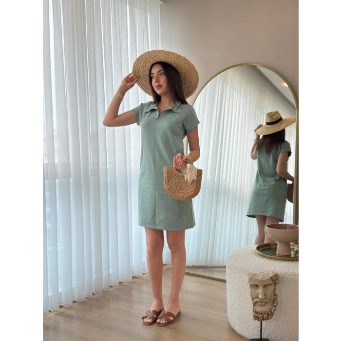 Kadın Kısa Kollu Yakalı Viskon Iki Iplik Elbise