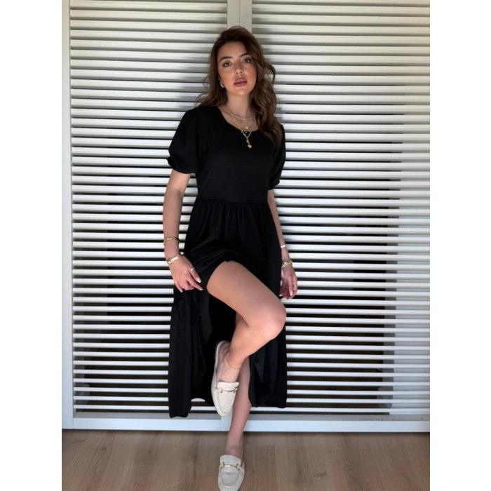 Kadın Kısa Kollu Yakası Açık Katlı Bürümcük Balon Elbise