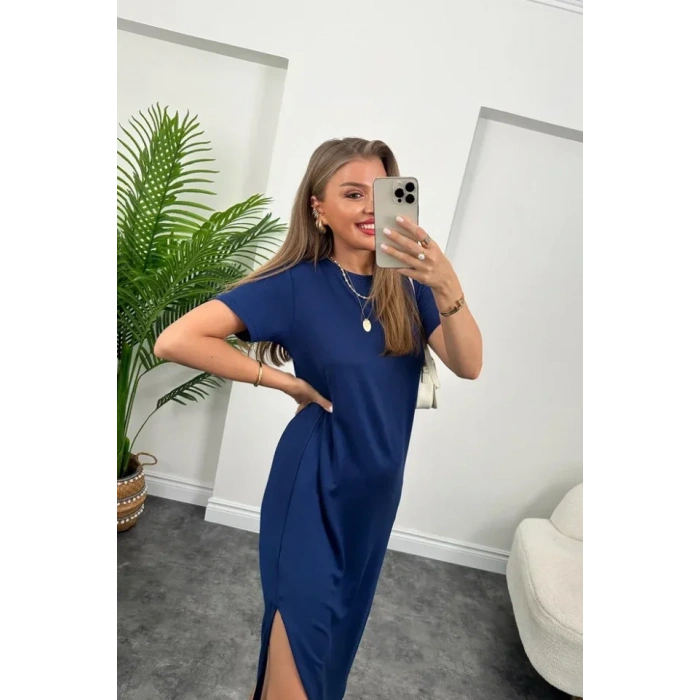 Kadın Kısa Kollu Yırtmaç Detaylı Salaş Viskon Elbise