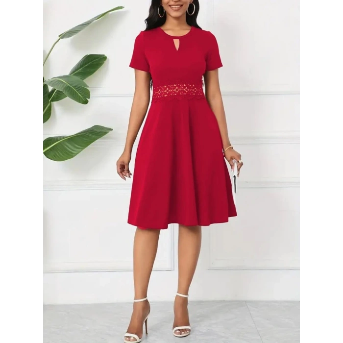 Kadın Kısa Kollu Yuvarlak Yaka Damla Detaylı Janjan Elbise