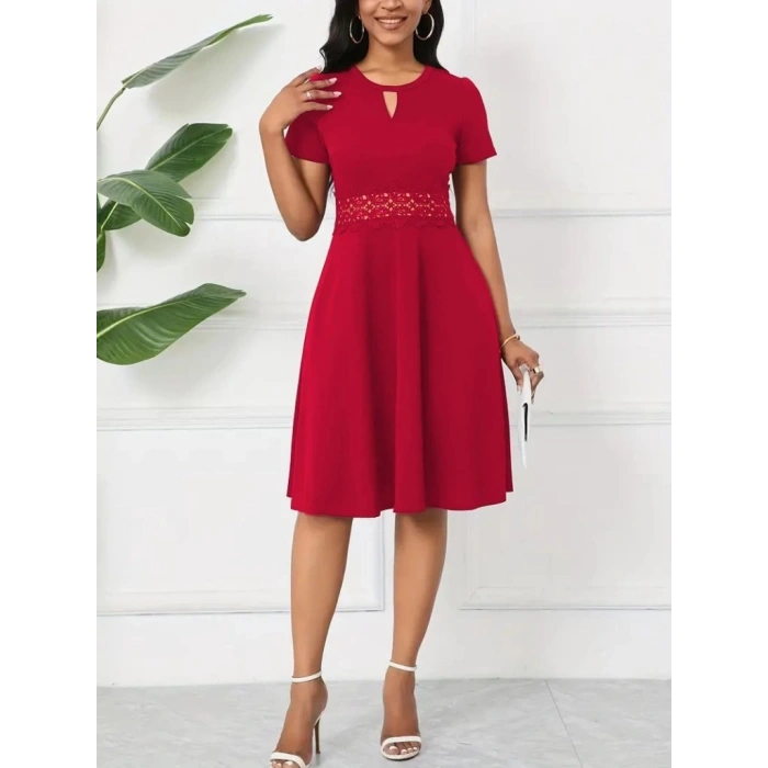 Kadın Kısa Kollu Yuvarlak Yaka Damla Detaylı Janjan Elbise