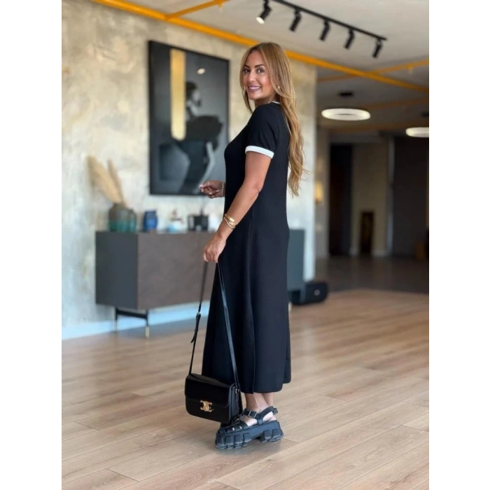 Kadın Kısa Kollu Yuvarlak Yaka Yandan Yırtmaçlı Midi Viskon Elbise