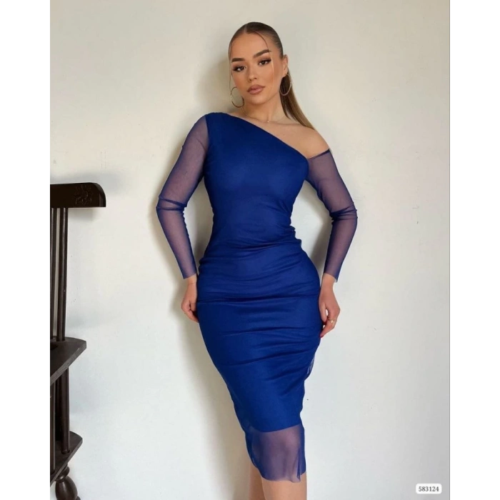 Kadın Kolları Tül Detay Omuz Dekolteli Diz üstü Kalem Elbise