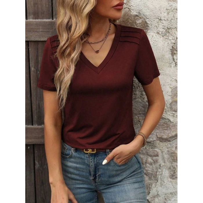 Kadın Kollu V Yakalı Omuzlarda çizgi Detaylı Viskon Bluz