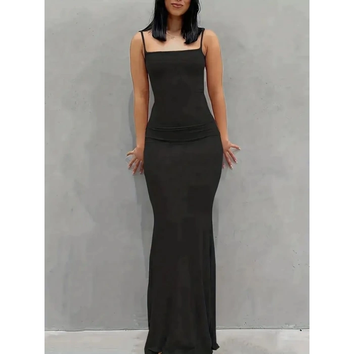 Kadın Kolsuz Askılı Bodycon Uzun Viskon Elbise