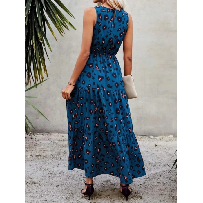 Kadın Kolsuz Bisiklet Yaka Beli Lastikli Desenli Süprem Elbise