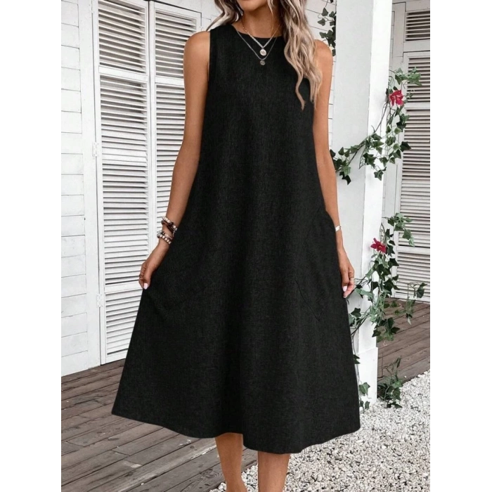 Kadın Kolsuz Bisiklet Yaka Cepli Midi Keten Elbise