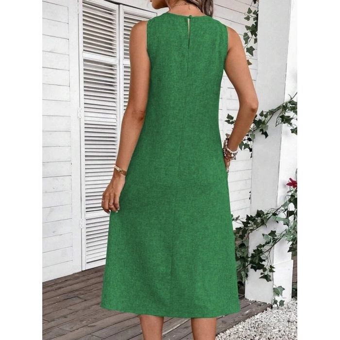 Kadın Kolsuz Bisiklet Yaka Cepli Midi Keten Elbise