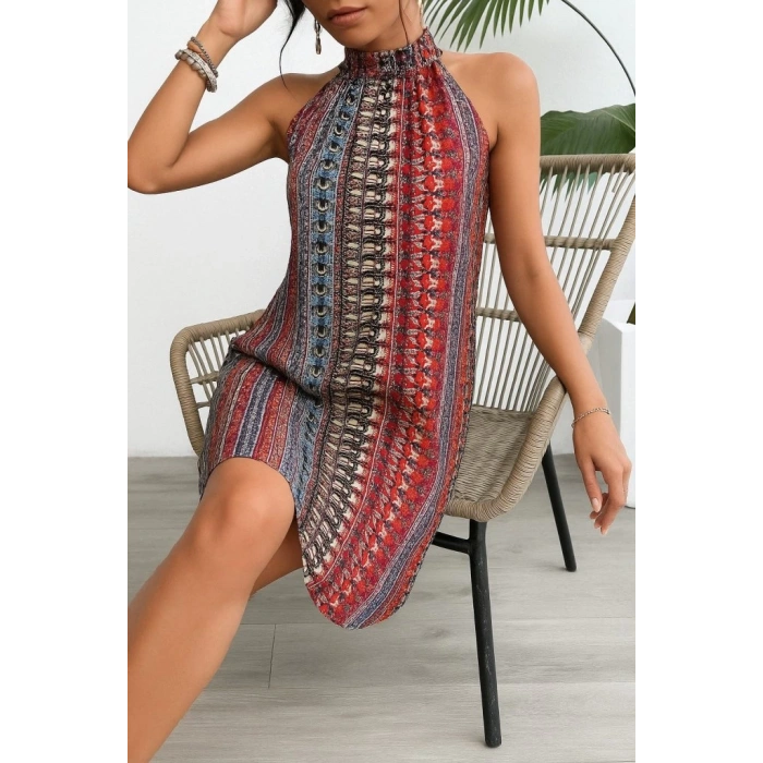 Kadın Kolsuz Boyundan Askılı Desenli Midi Süprem Elbise