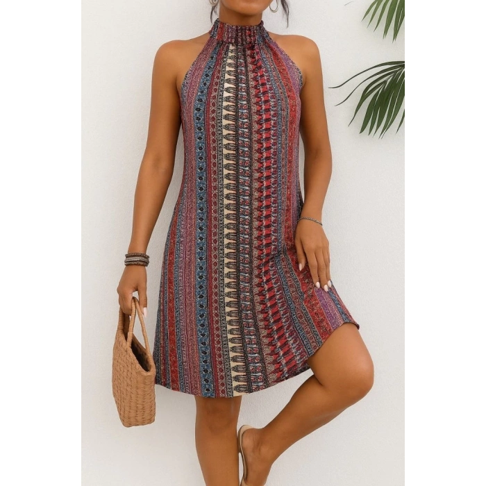 Kadın Kolsuz Boyundan Askılı Desenli Midi Süprem Elbise