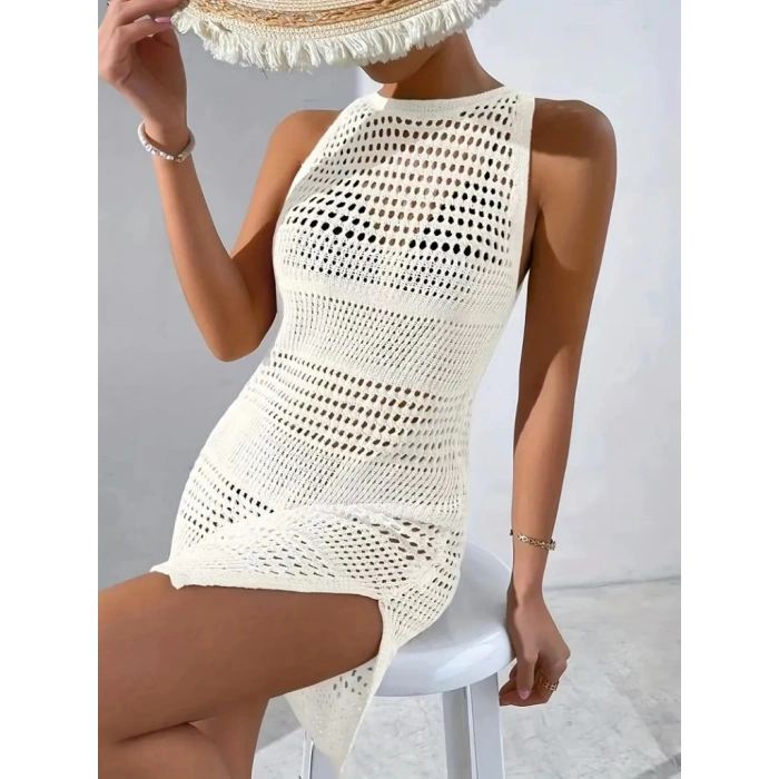 Kadın Kolsuz Derin Sırt Dekolteli Ajurlu Triko Pareo