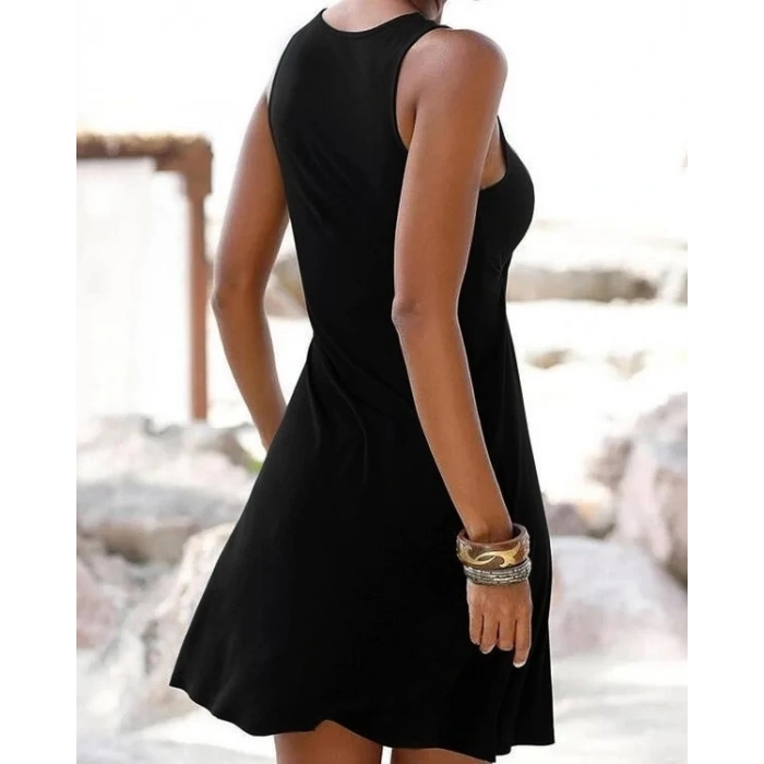 Kadın Kolsuz Halka Detay çıpa Baskılı Viskon Elbise