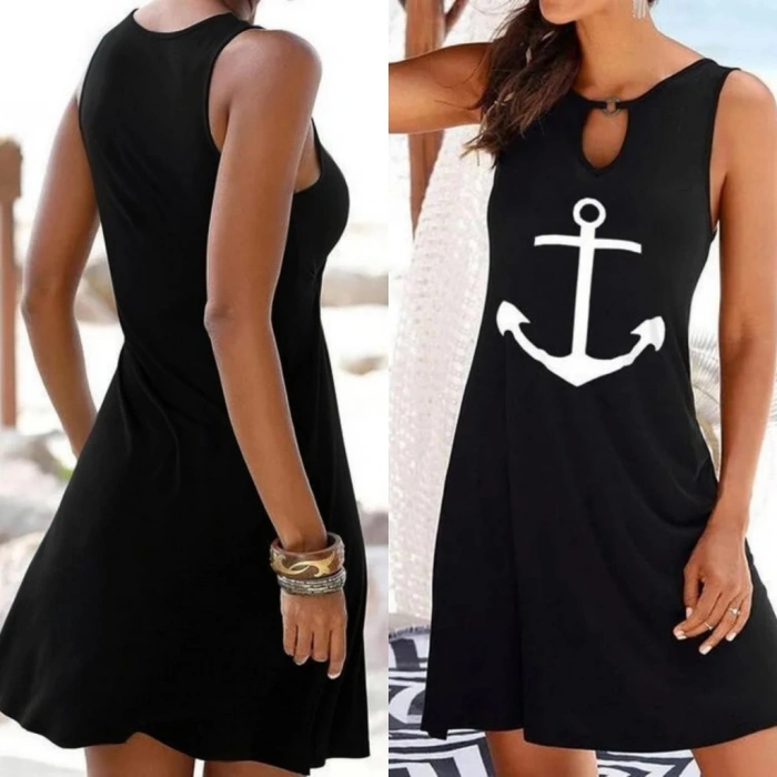 Kadın Kolsuz Halka Detay çıpa Baskılı Viskon Elbise