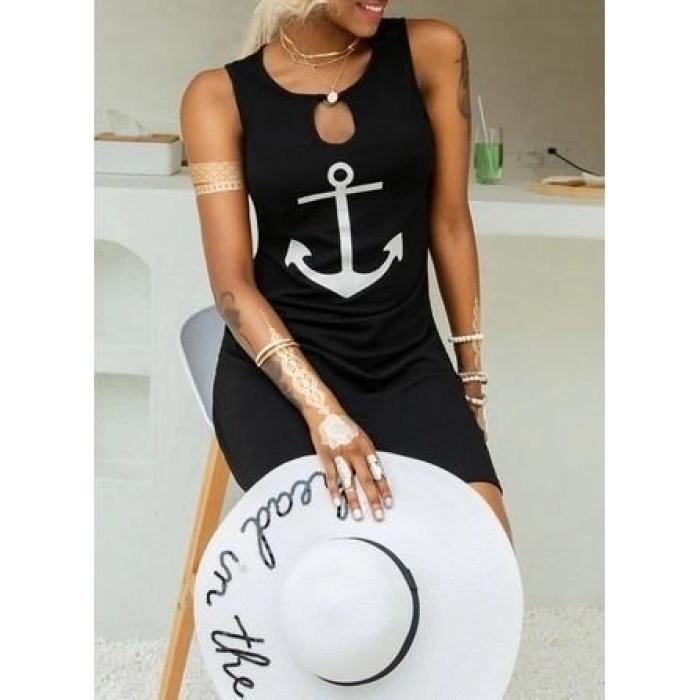 Kadın Kolsuz Halka Detay çıpa Baskılı Viskon Elbise