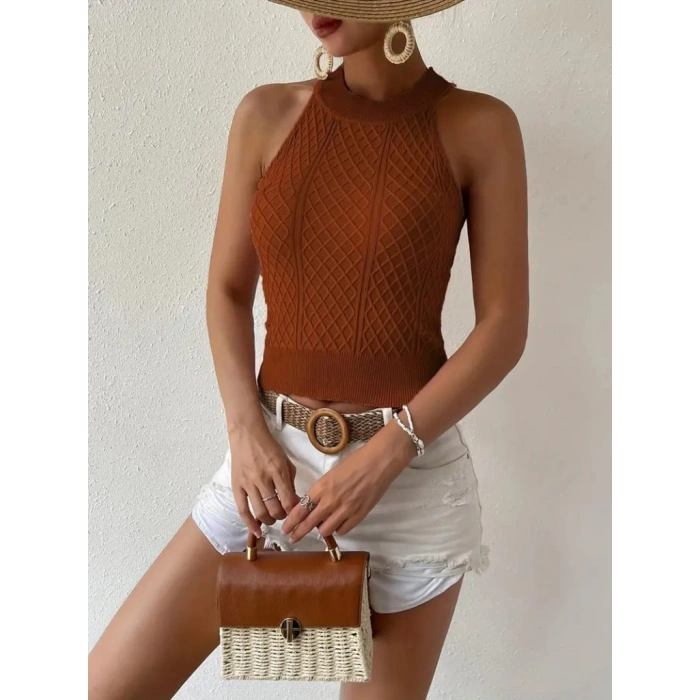 Kadın Kolsuz Halter Yaka Mini Baklava Desenli Triko Bluz