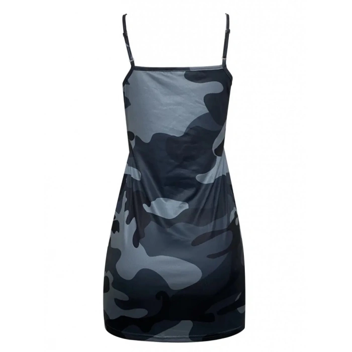 Kadın Kolsuz Ip Askılı Kamuflaj Baskılı Viskon Elbise