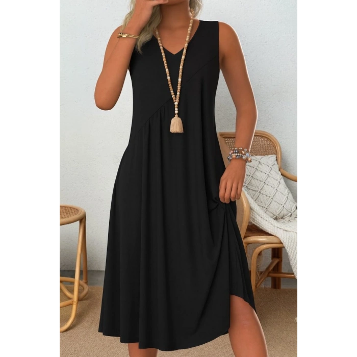 Kadın Kolsuz V Yakalı Mikro Elbise