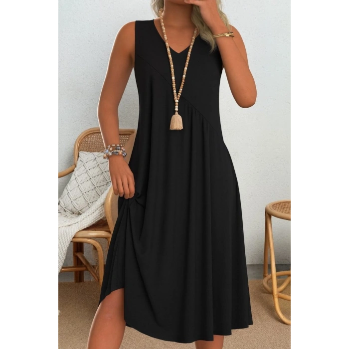 Kadın Kolsuz V Yakalı Mikro Elbise