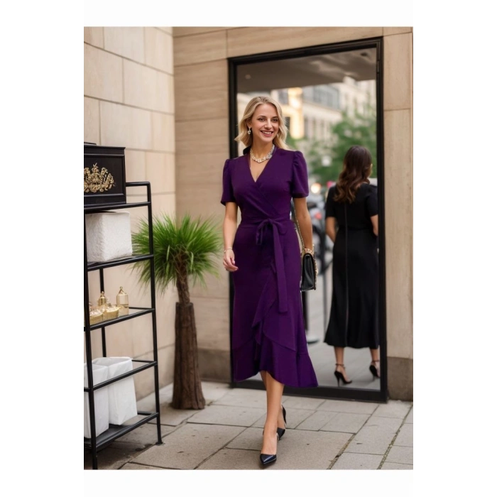 Kadın Kruvaze Yaka Midi Boy Kuşaklı Krep Elbise 120 Cm