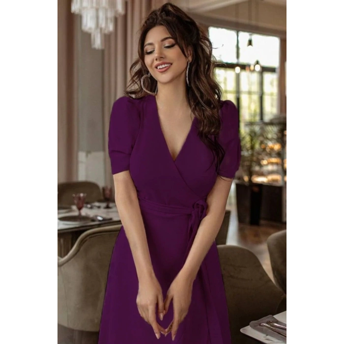 Kadın Kruvaze Yaka Midi Boy Kuşaklı Krep Elbise 120 Cm