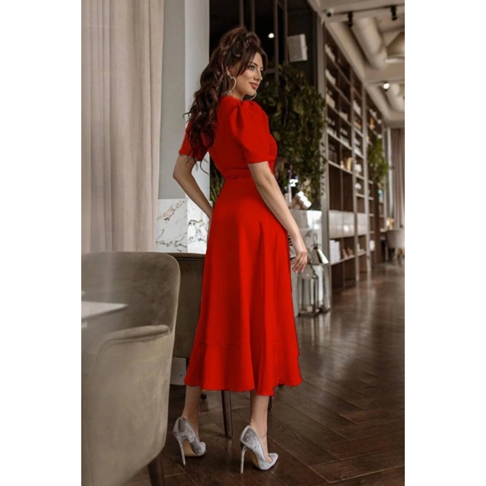 Kadın Kruvaze Yaka Midi Boy Kuşaklı Krep Elbise 120 Cm