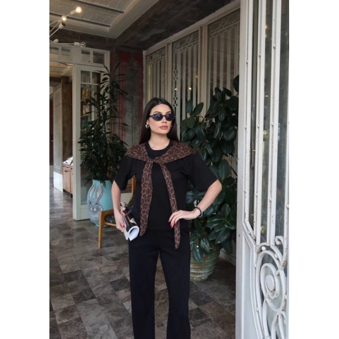 Kadın Leopar Detay Bağlamalı Takım