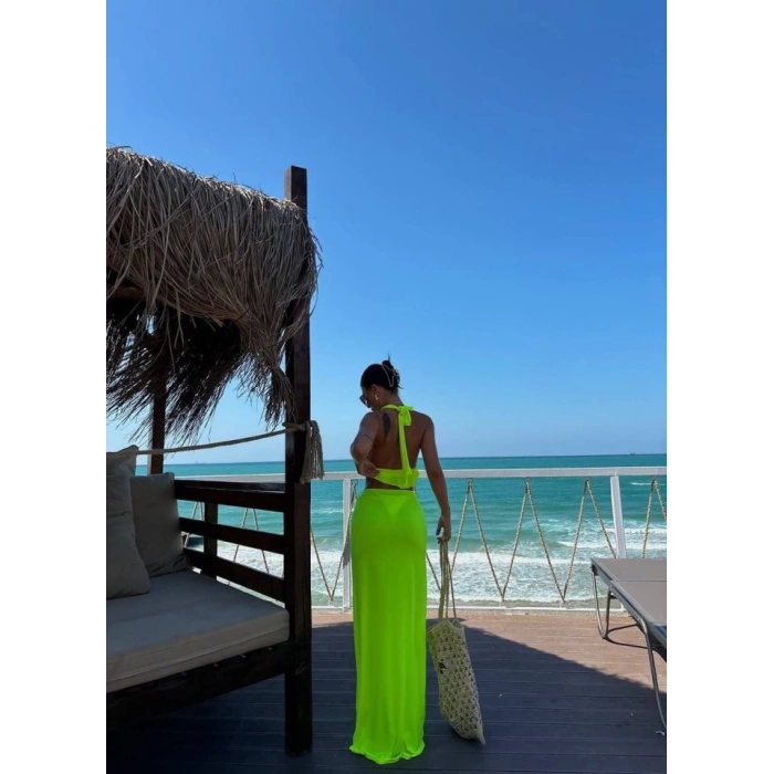 Kadın Mayo Kumaş Bağlamalı Crop Ve Maxi Boy Etek Ikili Takım