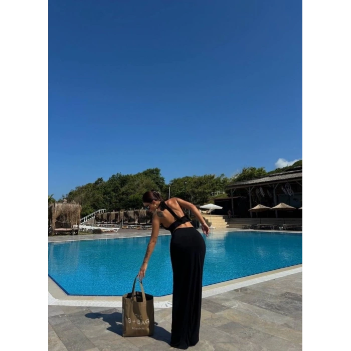 Kadın Mayo Kumaş Bağlamalı Crop Ve Maxi Boy Etek Ikili Takım