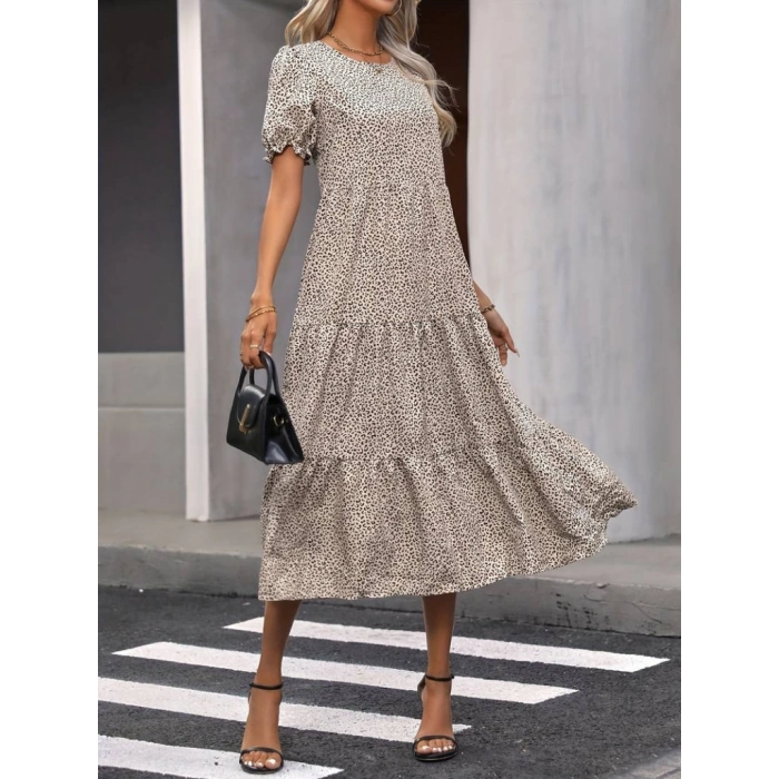Kadın Mini Leopar Desen Midi üç Kat Elbise