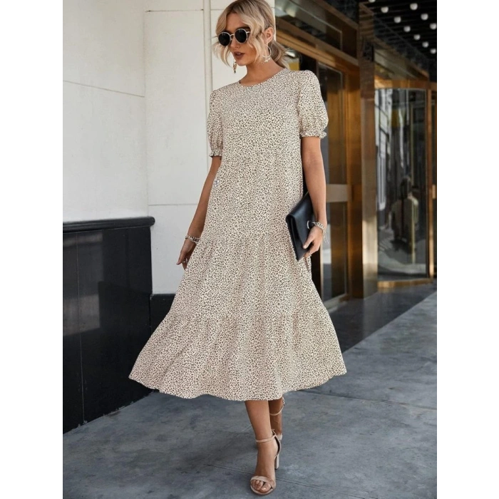 Kadın Mini Leopar Desen Midi üç Kat Elbise