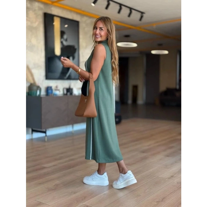 Kadın Modal Kumaş şerit Detaylı Fermuarlı Midi Elbise