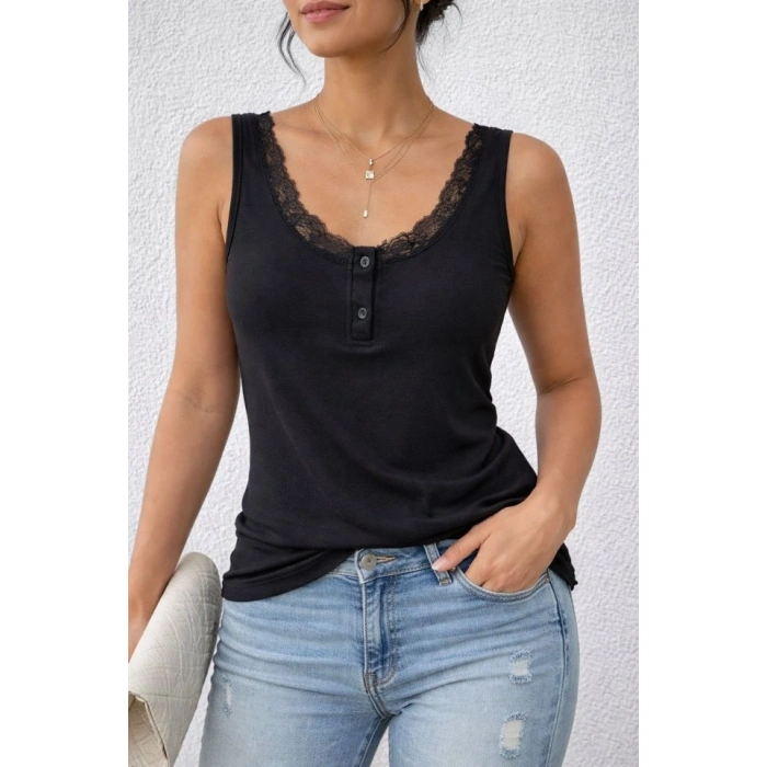 Kadın Omuz Askılı Dantel Güpür Detay Bluz