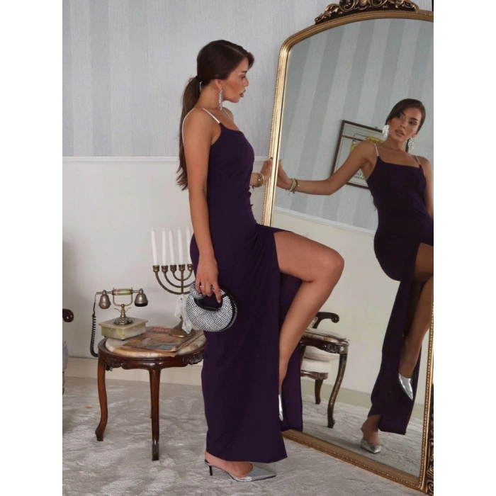 Kadın Omuz Askılı Derin Yırtmaç Detay Maxi Boy Elbise