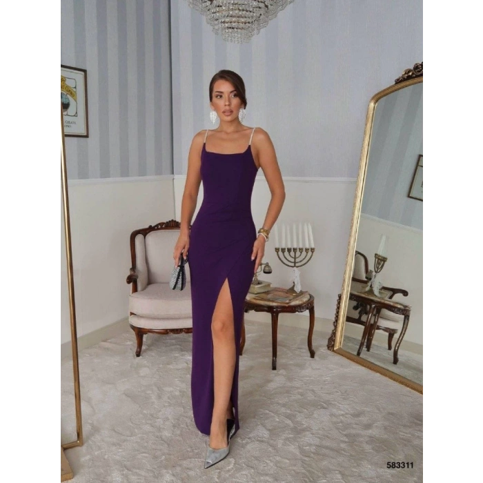 Kadın Omuz Askılı Derin Yırtmaç Detay Maxi Boy Elbise