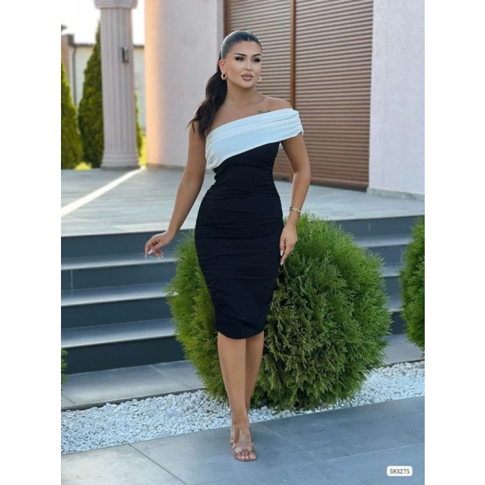 Kadın Omuz Dekolteli Arkası Büzgü Detay Midi Boy Elbise