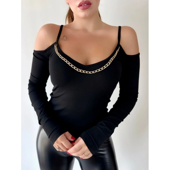 Kadın Omuz Dekolteli Zincir Detay Bluz