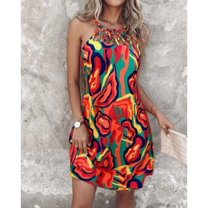 Kadın Omuzlardan Açık çapraz şerit Detaylı Desenli Süprem Elbise